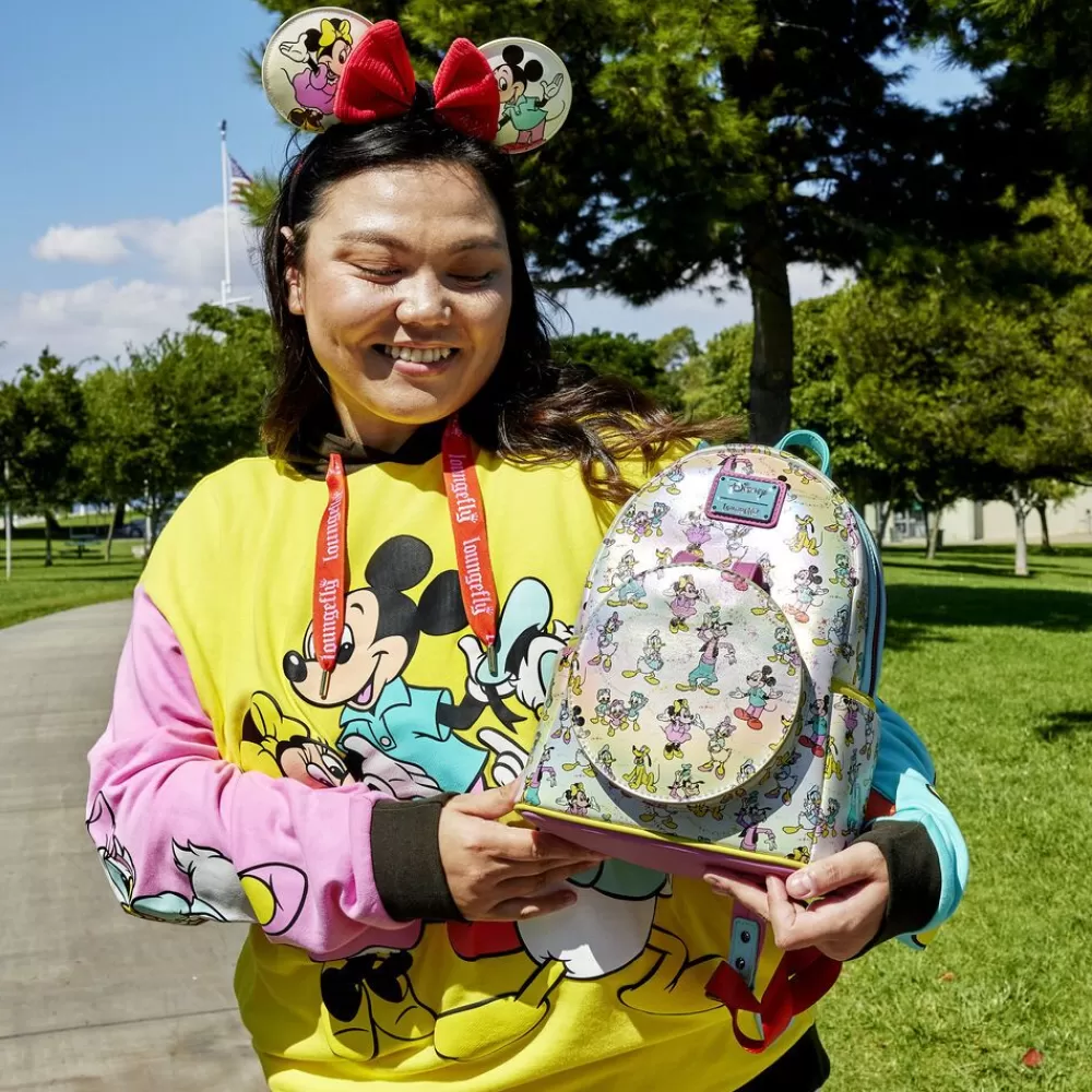 Disney 100 Mickey & Friends Classic All-Over Print Iridescent Mini Backpack With Ear Headband Sale