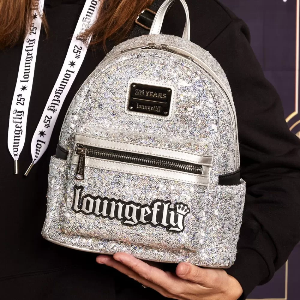 Loungefly 25Th Anniversary Logo Holographic Silver Sequin Mini Backpack Best Sale