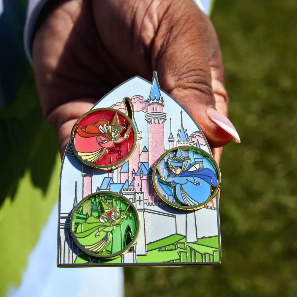 Disney Sleeping Beauty Castle Three Good Fairies Stained Glass 3" Collector Box Sliding Pin Store